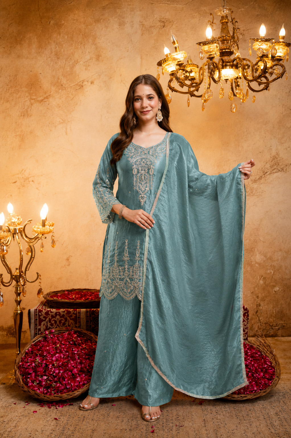 Women’s Embroidered Straight Kurta with Wide-Leg Ghaghra Palazzo Set | Festive Ethnic Wear with Intricate Embroidery & Flared Bottom