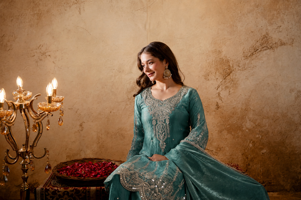 Women’s Embroidered Straight Kurta with Wide-Leg Ghaghra Palazzo Set | Festive Ethnic Wear with Intricate Embroidery & Flared Bottom
