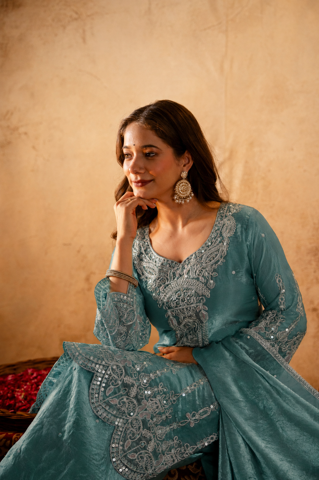 Women’s Embroidered Straight Kurta with Wide-Leg Ghaghra Palazzo Set | Festive Ethnic Wear with Intricate Embroidery & Flared Bottom