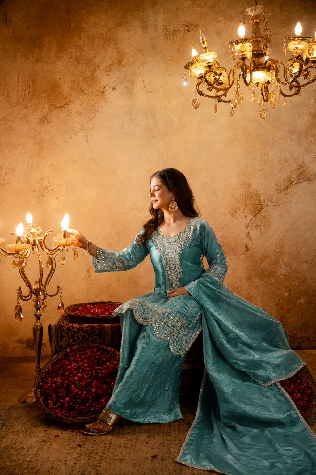 Women’s Embroidered Straight Kurta with Wide-Leg Ghaghra Palazzo Set | Festive Ethnic Wear with Intricate Embroidery & Flared Bottom