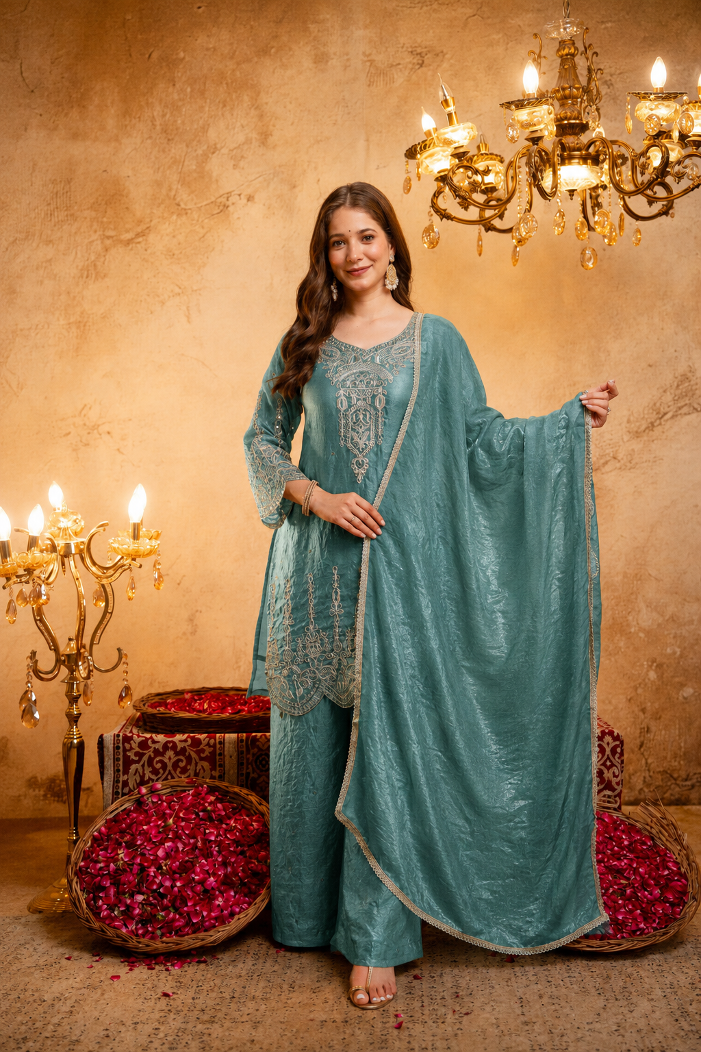 Women’s Embroidered Straight Kurta with Wide-Leg Ghaghra Palazzo Set | Festive Ethnic Wear with Intricate Embroidery & Flared Bottom