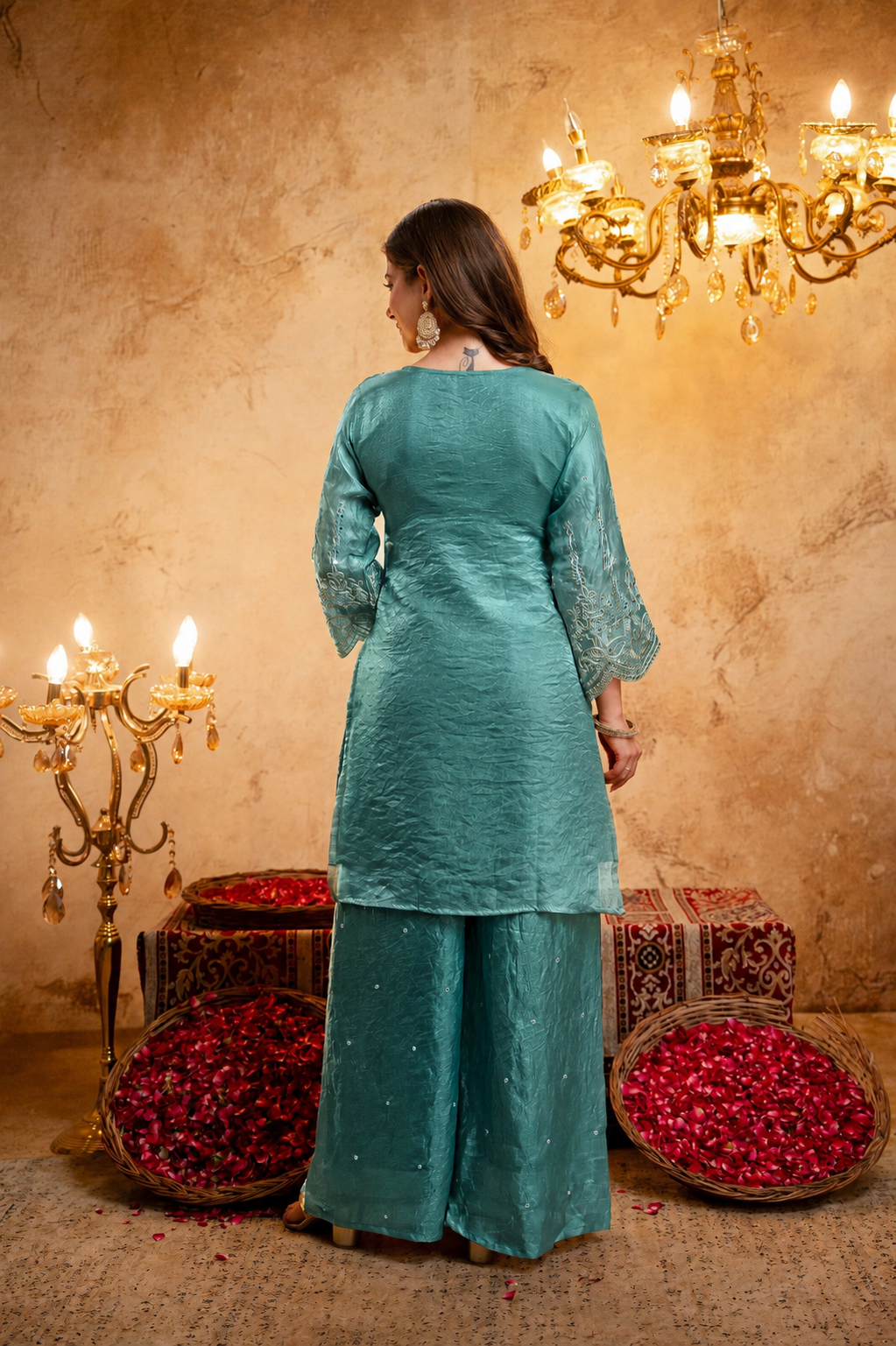 Women’s Embroidered Straight Kurta with Wide-Leg Ghaghra Palazzo Set | Festive Ethnic Wear with Intricate Embroidery & Flared Bottom