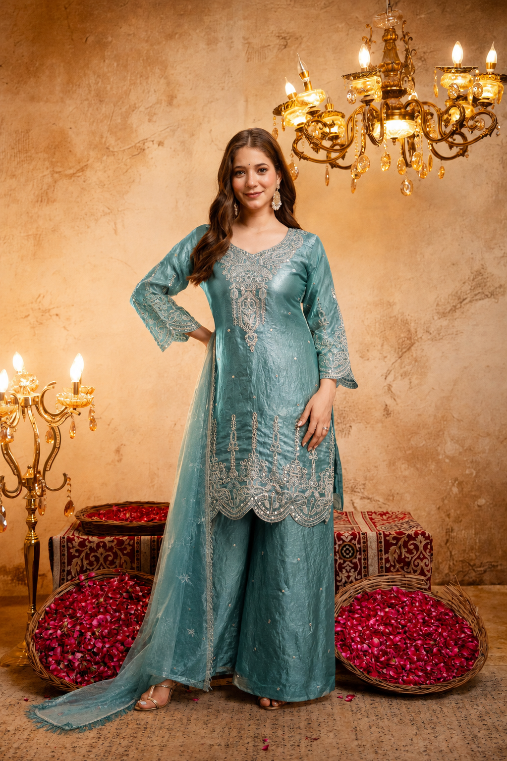 Women’s Embroidered Straight Kurta with Wide-Leg Ghaghra Palazzo Set | Festive Ethnic Wear with Intricate Embroidery & Flared Bottom