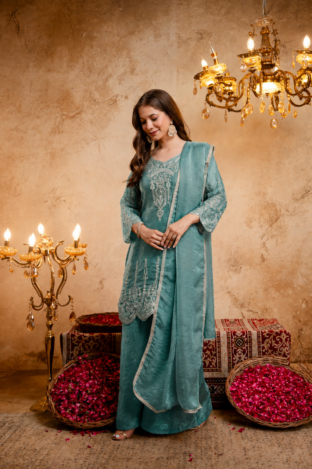 Women’s Embroidered Straight Kurta with Wide-Leg Ghaghra Palazzo Set | Festive Ethnic Wear with Intricate Embroidery & Flared Bottom
