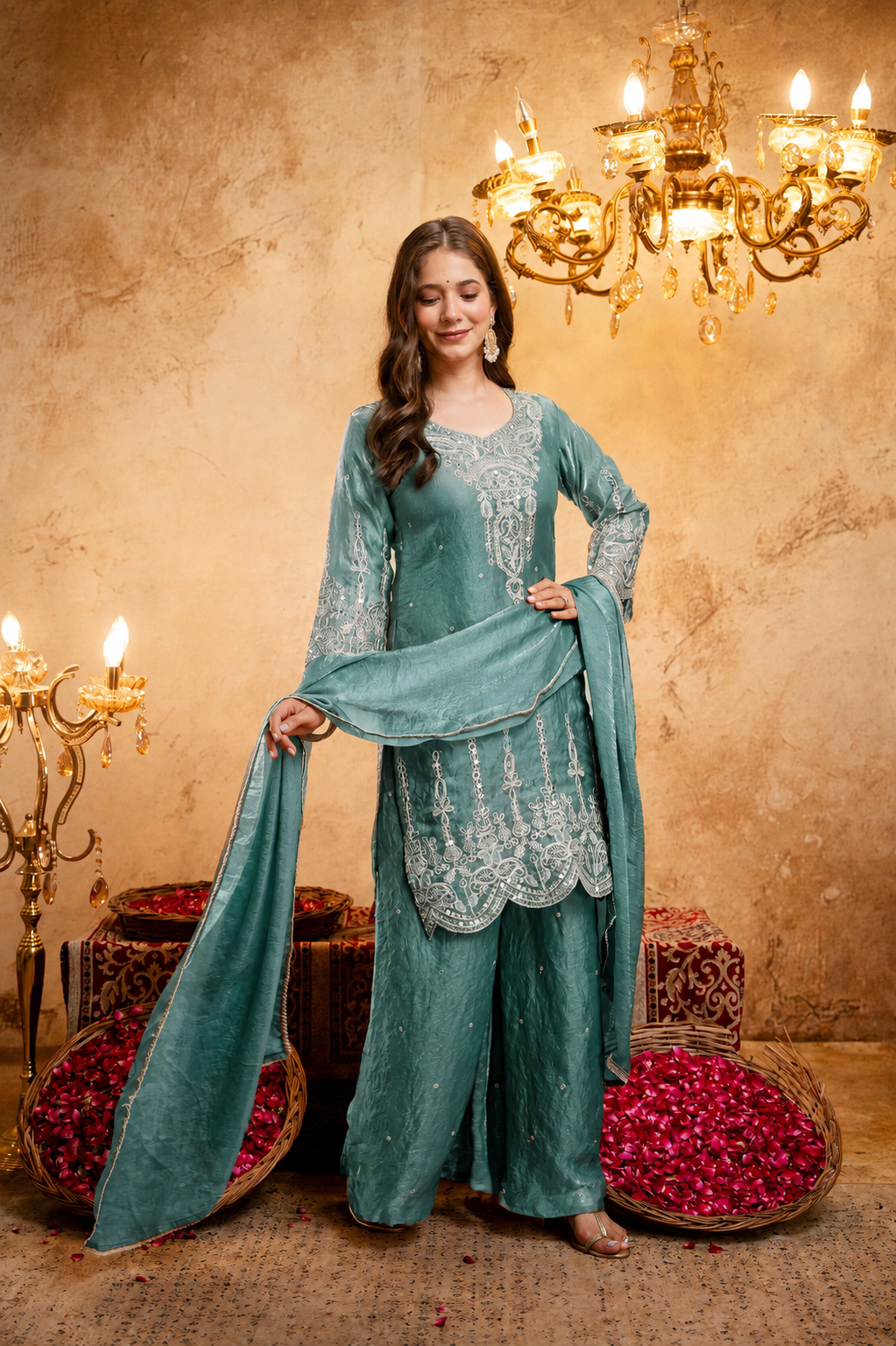 Women’s Embroidered Straight Kurta with Wide-Leg Ghaghra Palazzo Set | Festive Ethnic Wear with Intricate Embroidery & Flared Bottom