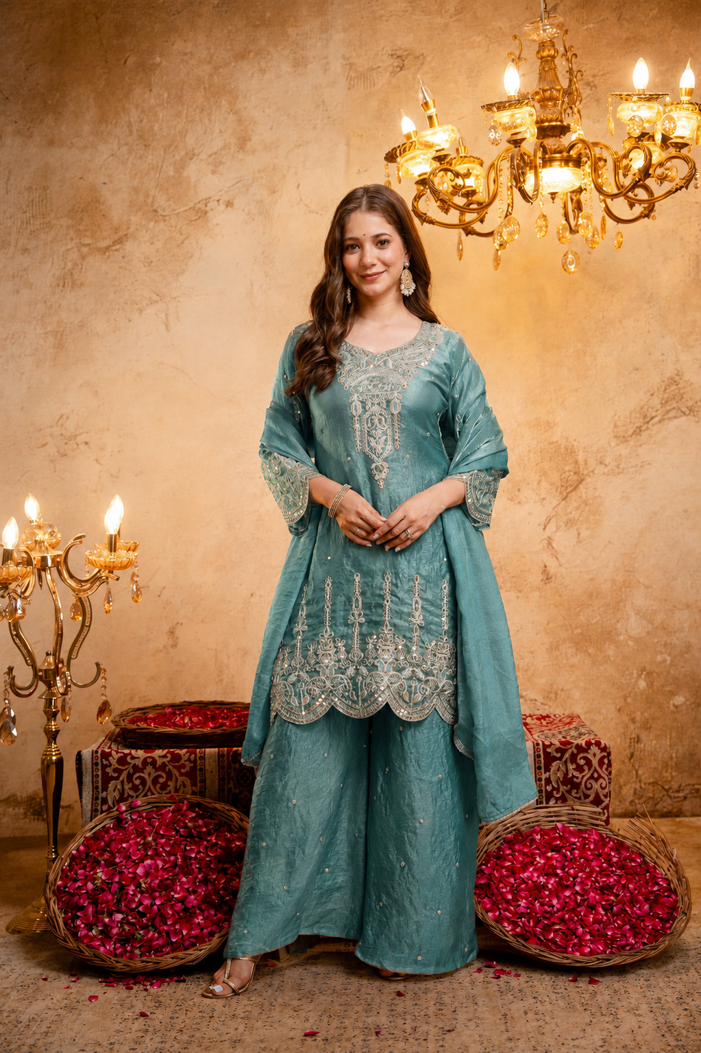 Women’s Embroidered Straight Kurta with Wide-Leg Ghaghra Palazzo Set | Festive Ethnic Wear with Intricate Embroidery & Flared Bottom