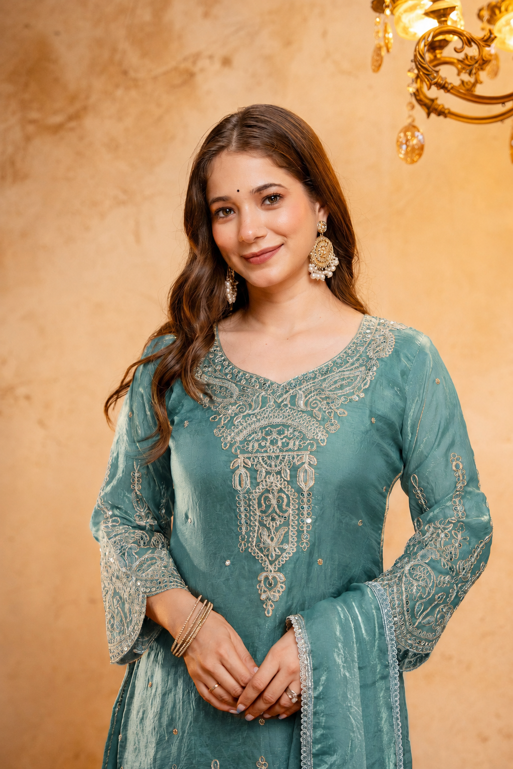 Women’s Embroidered Straight Kurta with Wide-Leg Ghaghra Palazzo Set | Festive Ethnic Wear with Intricate Embroidery & Flared Bottom