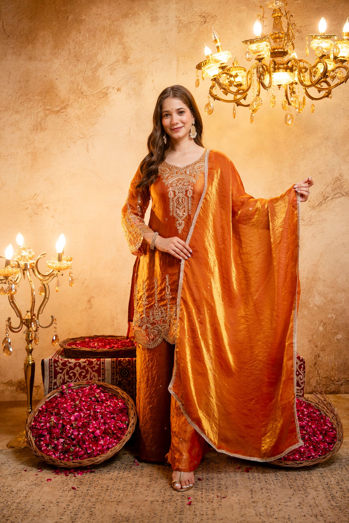 Women’s Embroidered Straight Kurta with Wide-Leg Ghaghra Palazzo Set | Festive Ethnic Wear with Intricate Embroidery & Flared Bottom
