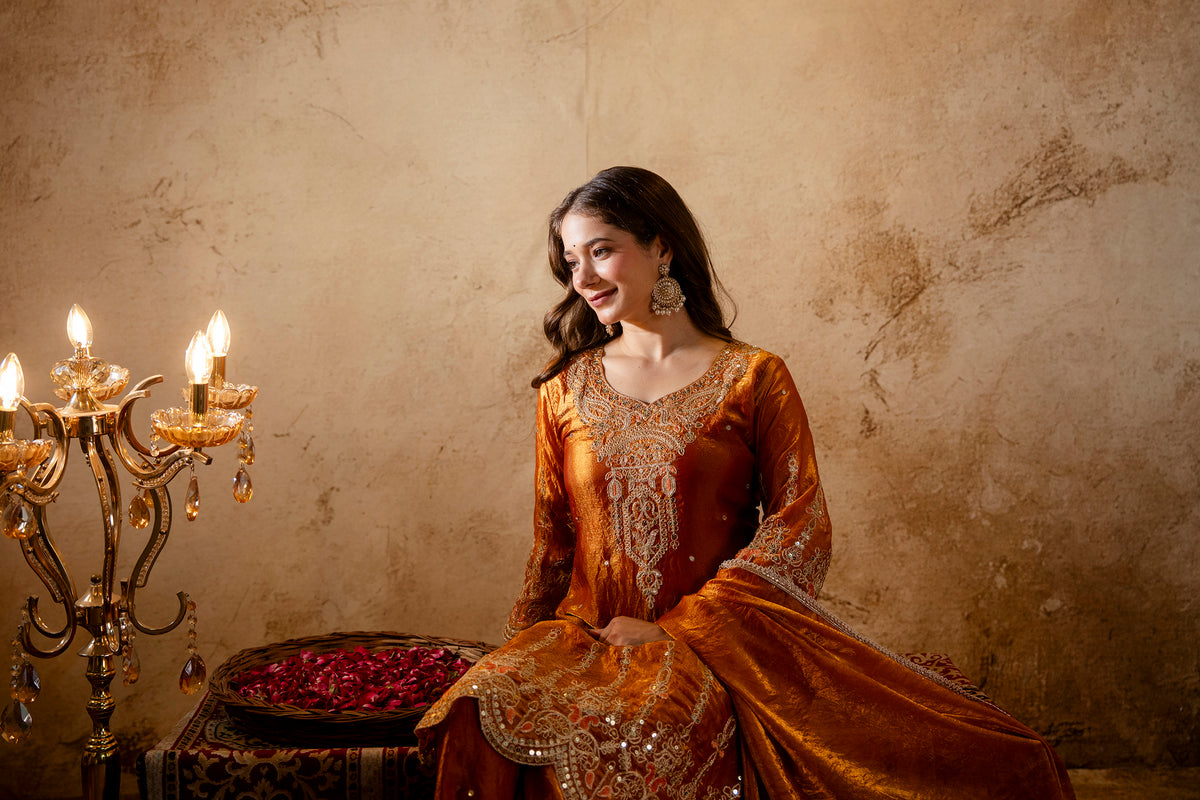 Women’s Embroidered Straight Kurta with Wide-Leg Ghaghra Palazzo Set | Festive Ethnic Wear with Intricate Embroidery & Flared Bottom