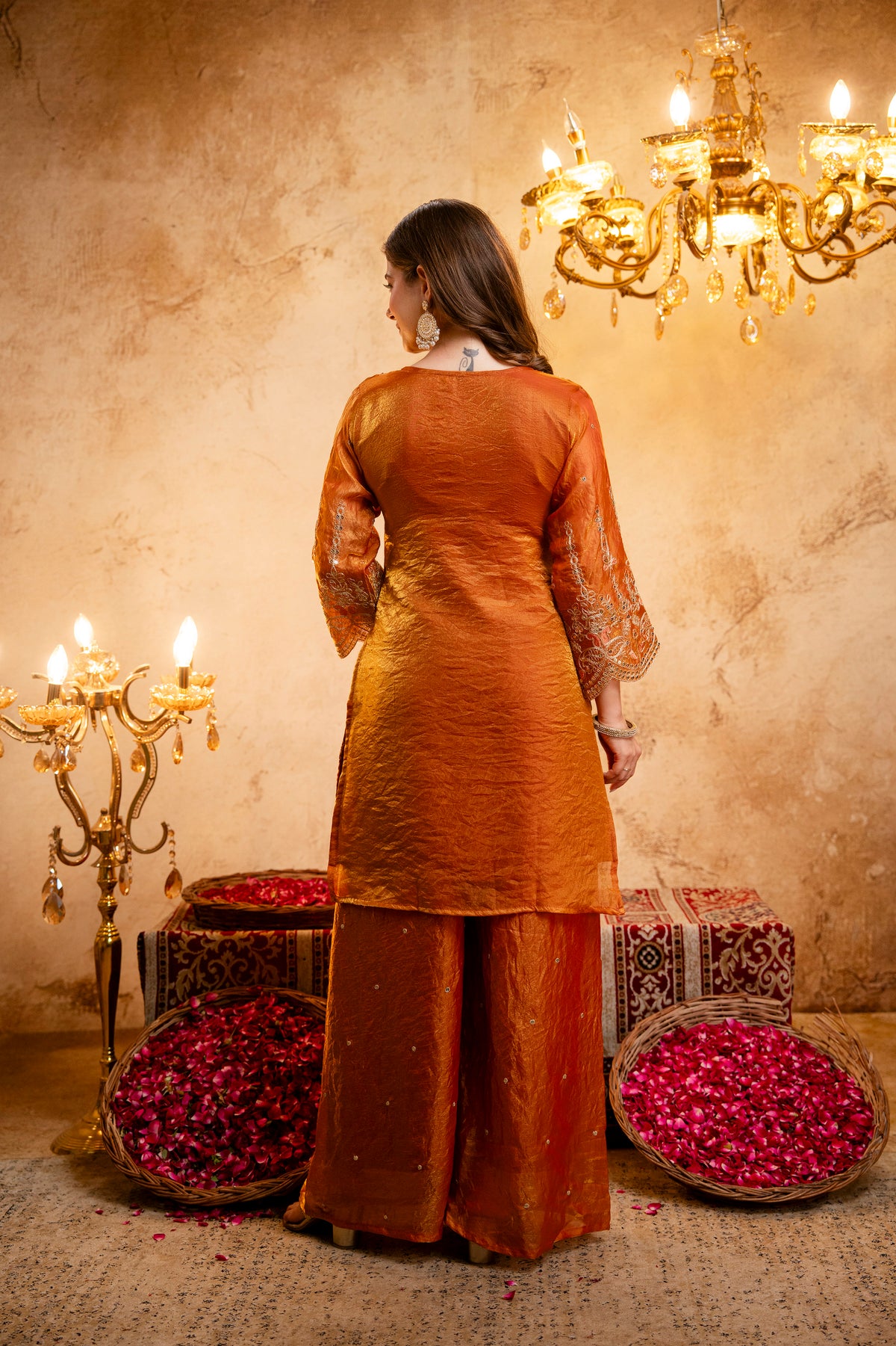 Women’s Embroidered Straight Kurta with Wide-Leg Ghaghra Palazzo Set | Festive Ethnic Wear with Intricate Embroidery & Flared Bottom