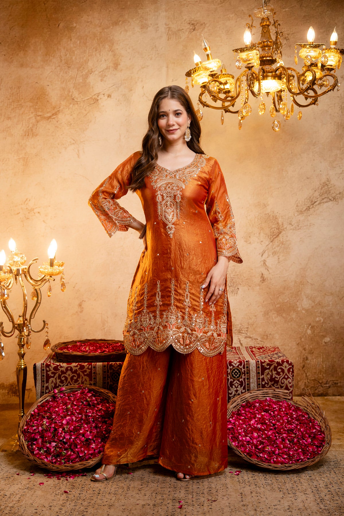Women’s Embroidered Straight Kurta with Wide-Leg Ghaghra Palazzo Set | Festive Ethnic Wear with Intricate Embroidery & Flared Bottom