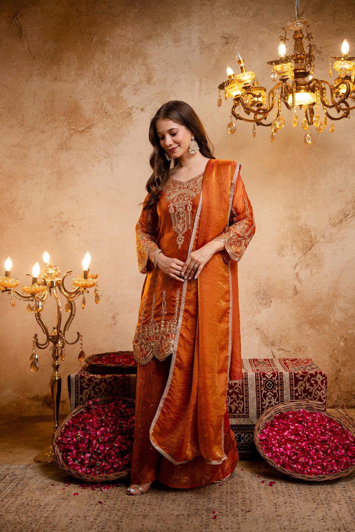 Women’s Embroidered Straight Kurta with Wide-Leg Ghaghra Palazzo Set | Festive Ethnic Wear with Intricate Embroidery & Flared Bottom