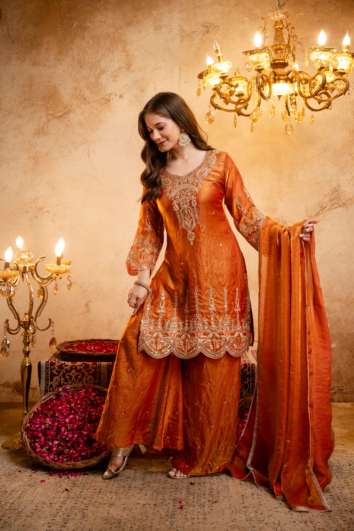Women’s Embroidered Straight Kurta with Wide-Leg Ghaghra Palazzo Set | Festive Ethnic Wear with Intricate Embroidery & Flared Bottom
