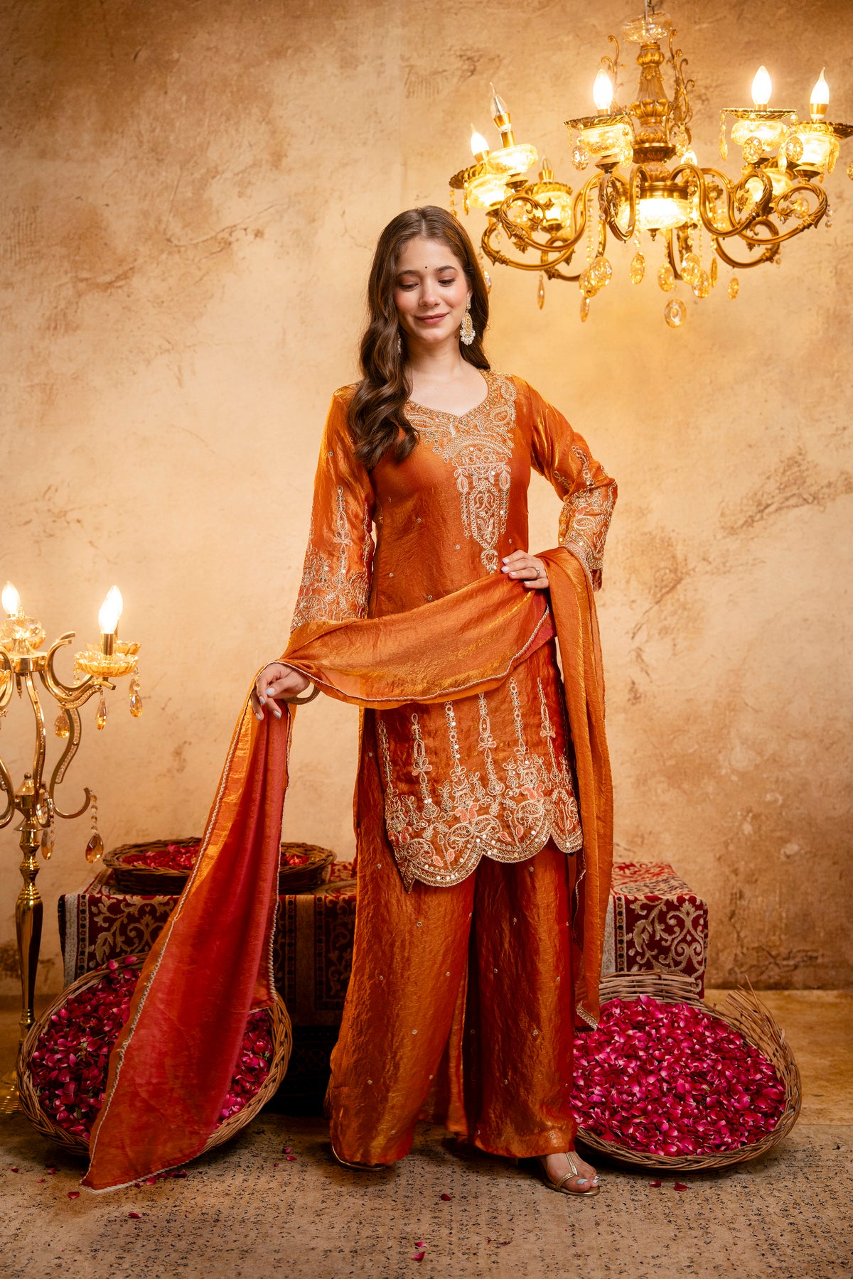 Women’s Embroidered Straight Kurta with Wide-Leg Ghaghra Palazzo Set | Festive Ethnic Wear with Intricate Embroidery & Flared Bottom
