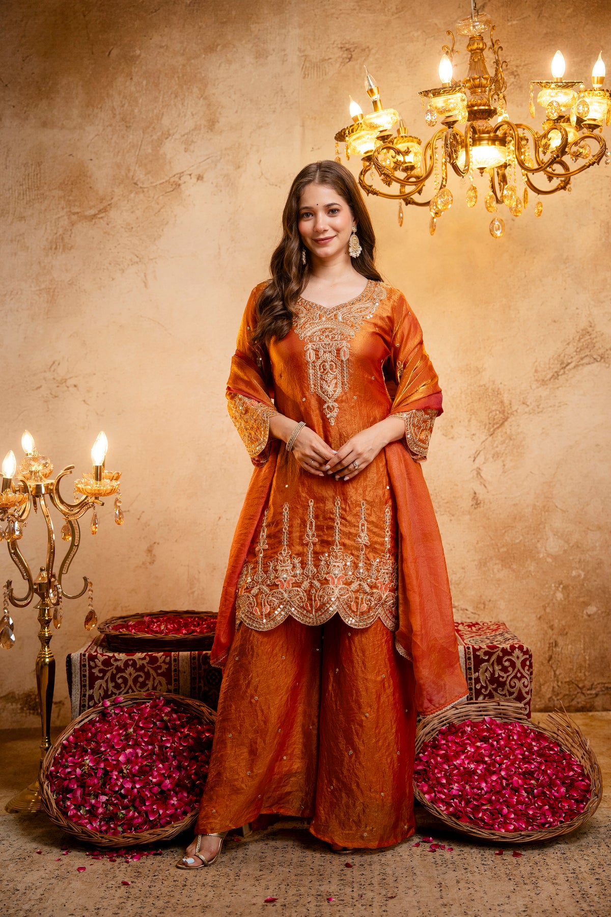 Women’s Embroidered Straight Kurta with Wide-Leg Ghaghra Palazzo Set | Festive Ethnic Wear with Intricate Embroidery & Flared Bottom