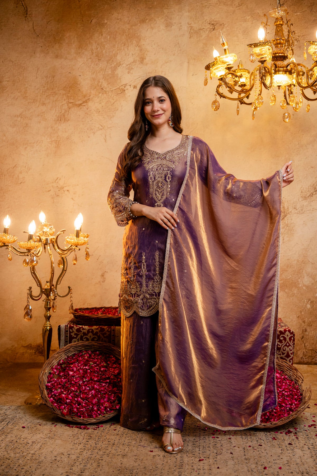 Women’s Embroidered Straight Kurta with Wide-Leg Ghaghra Palazzo Set | Festive Ethnic Wear with Intricate Embroidery & Flared Bottom