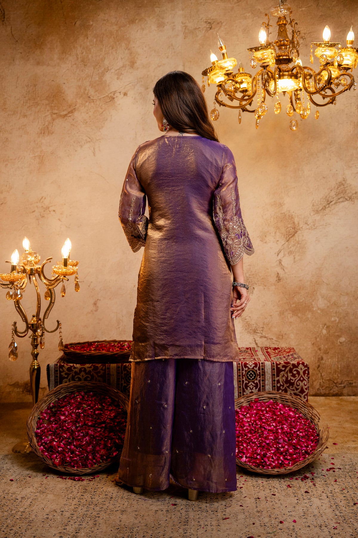 Women’s Embroidered Straight Kurta with Wide-Leg Ghaghra Palazzo Set | Festive Ethnic Wear with Intricate Embroidery & Flared Bottom