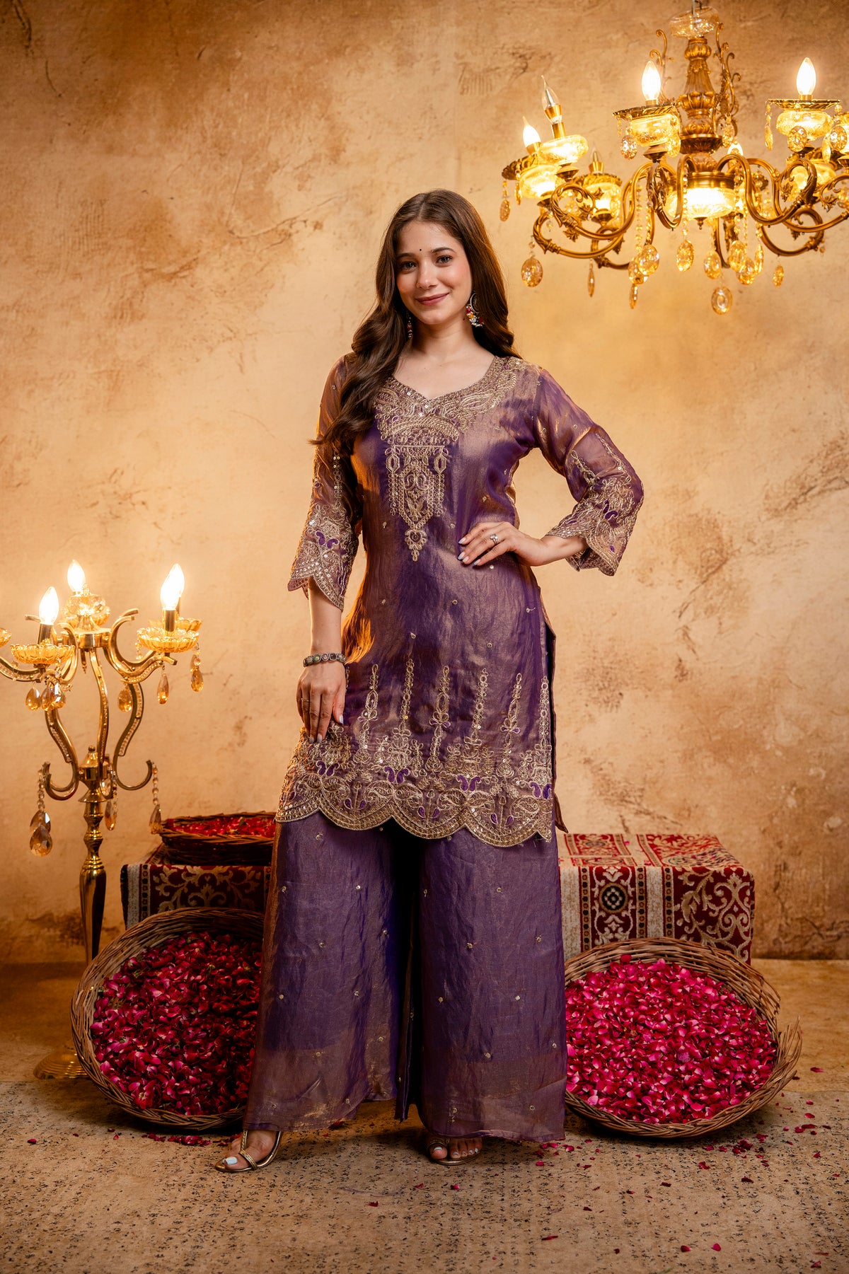 Women’s Embroidered Straight Kurta with Wide-Leg Ghaghra Palazzo Set | Festive Ethnic Wear with Intricate Embroidery & Flared Bottom