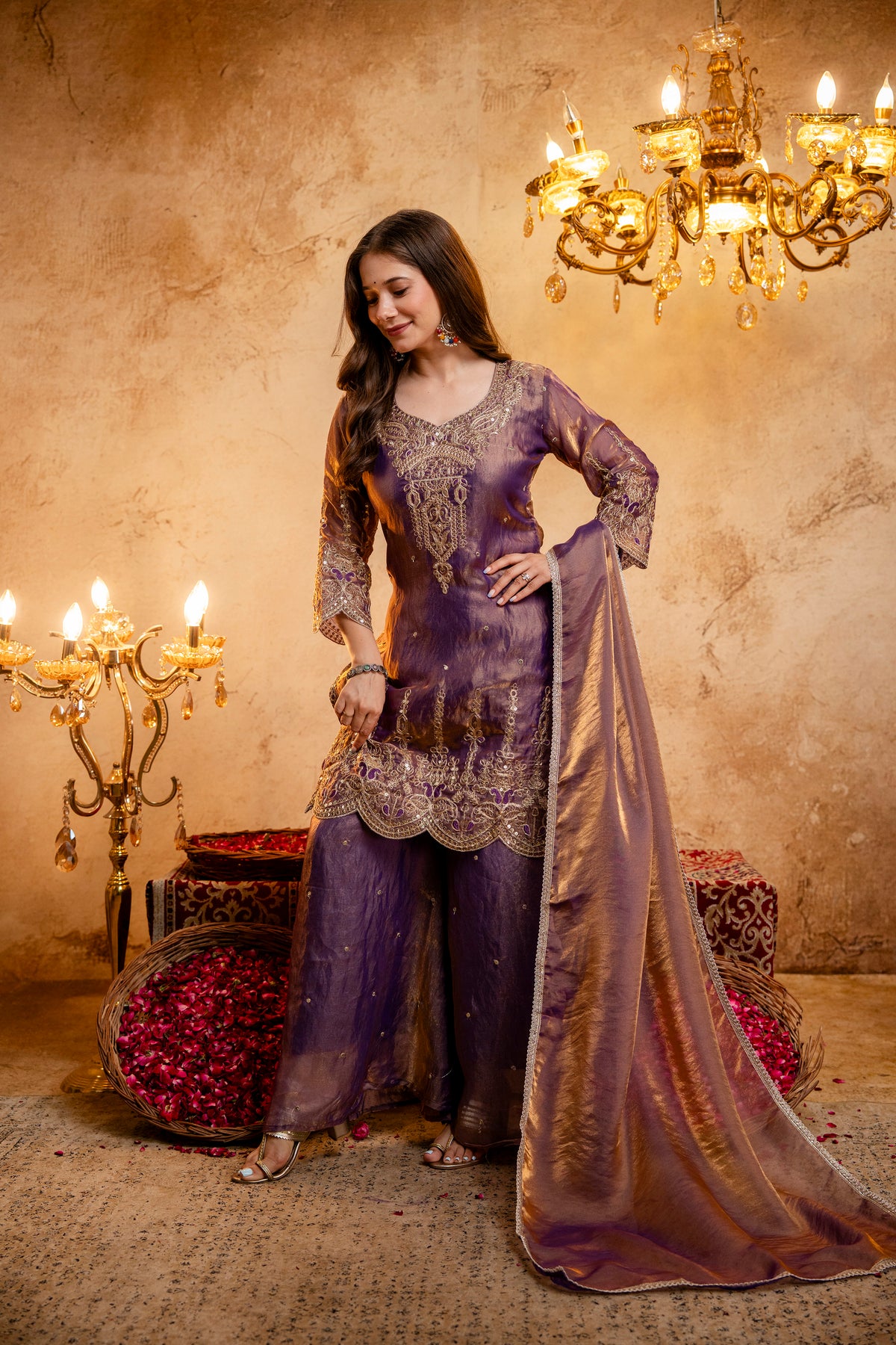 Women’s Embroidered Straight Kurta with Wide-Leg Ghaghra Palazzo Set | Festive Ethnic Wear with Intricate Embroidery & Flared Bottom