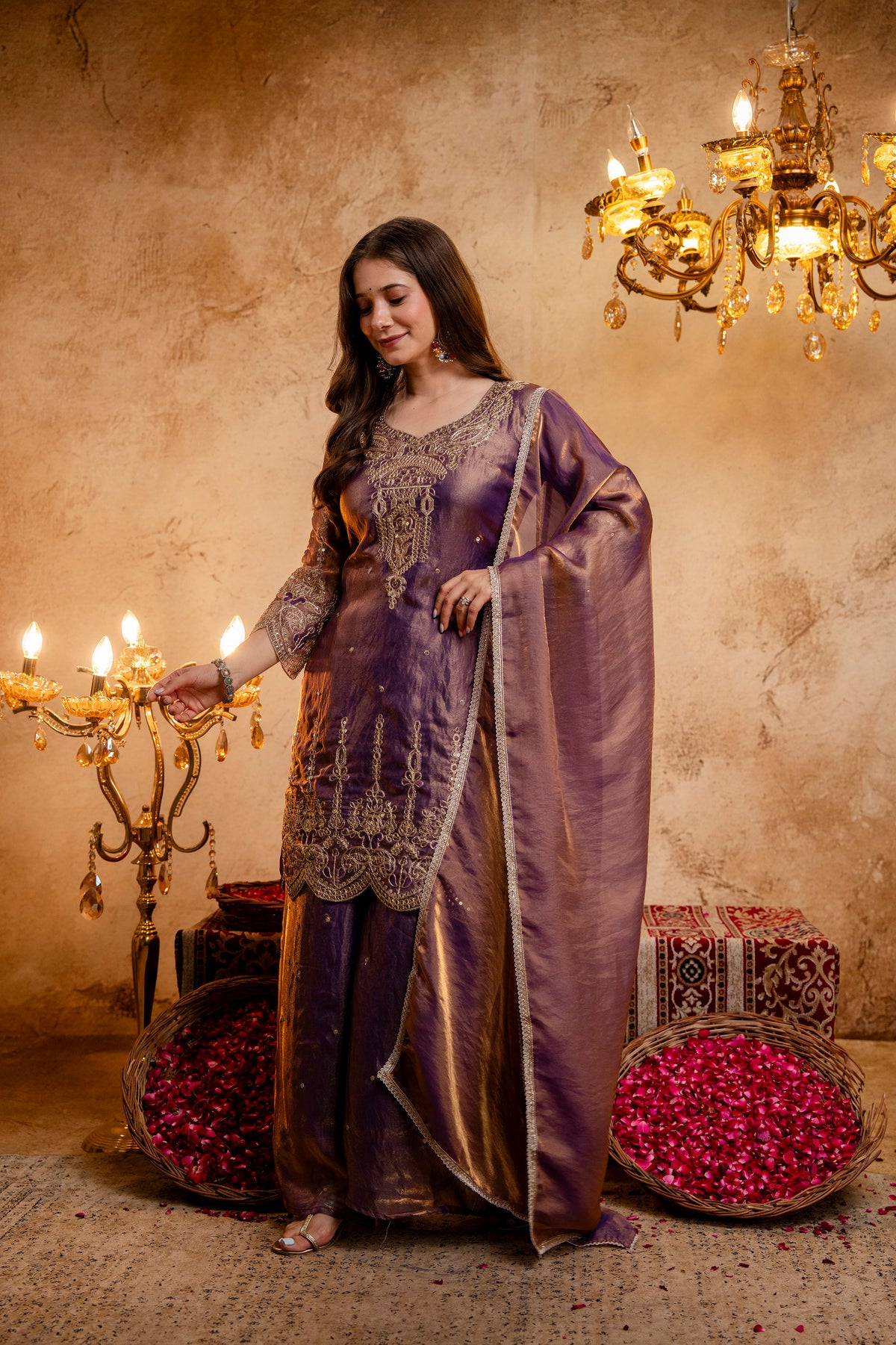 Women’s Embroidered Straight Kurta with Wide-Leg Ghaghra Palazzo Set | Festive Ethnic Wear with Intricate Embroidery & Flared Bottom
