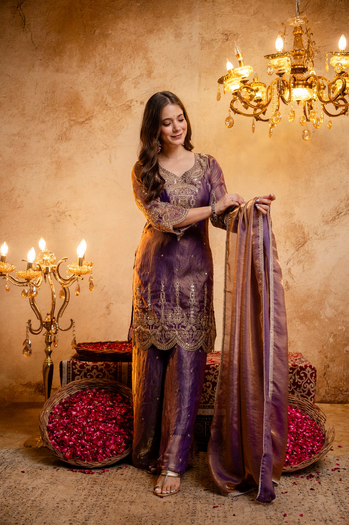 Women’s Embroidered Straight Kurta with Wide-Leg Ghaghra Palazzo Set | Festive Ethnic Wear with Intricate Embroidery & Flared Bottom