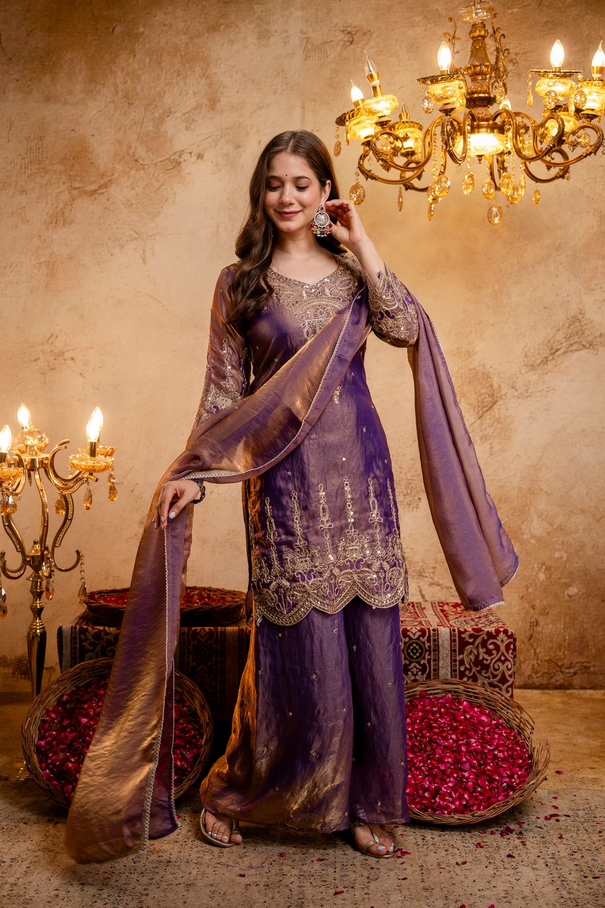Women’s Embroidered Straight Kurta with Wide-Leg Ghaghra Palazzo Set | Festive Ethnic Wear with Intricate Embroidery & Flared Bottom