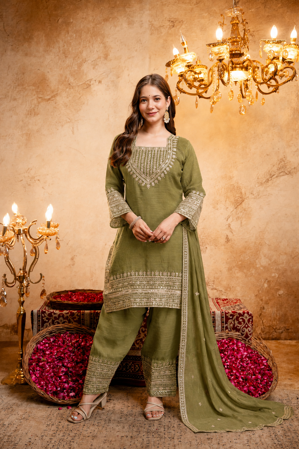Women’s Embroidered Straight Kurta with Salawar Set | Festive Ethnic Wear with Intricate Embroidery & Embroidery work Bottom