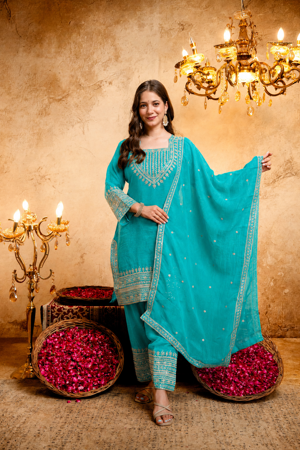 Women’s Embroidered Straight Kurta with Salawar Set | Festive Ethnic Wear with Intricate Embroidery & Embroidery work Bottom