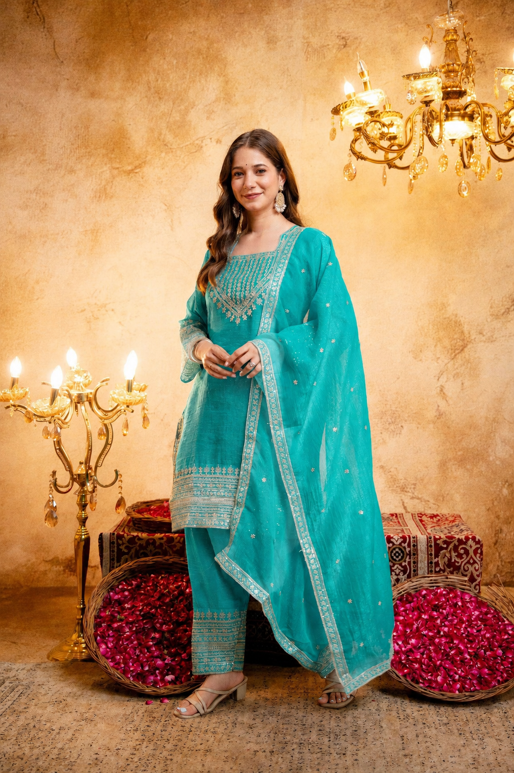 Women’s Embroidered Straight Kurta with Salawar Set | Festive Ethnic Wear with Intricate Embroidery & Embroidery work Bottom