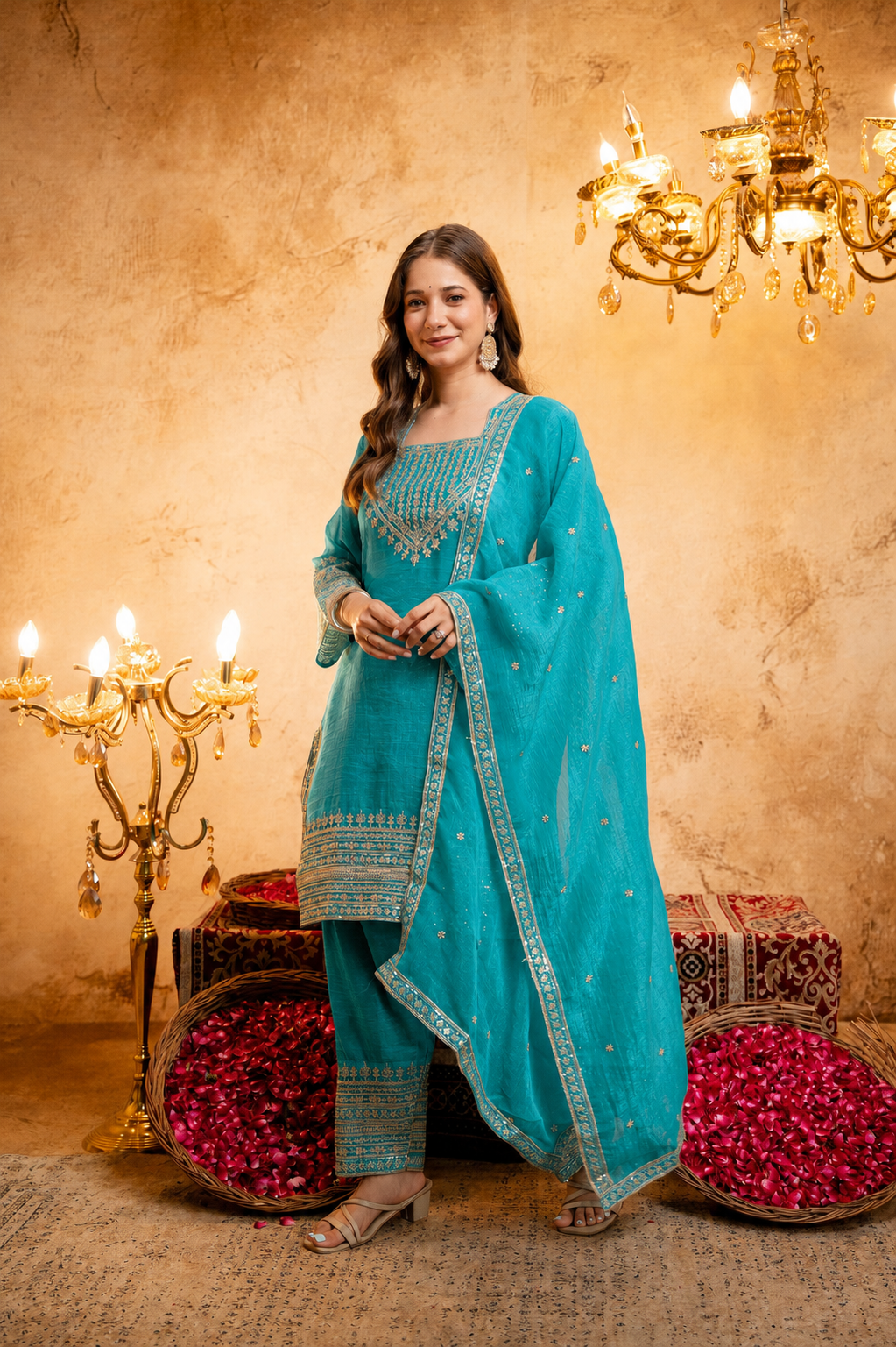Women’s Embroidered Straight Kurta with Salawar Set | Festive Ethnic Wear with Intricate Embroidery & Embroidery work Bottom