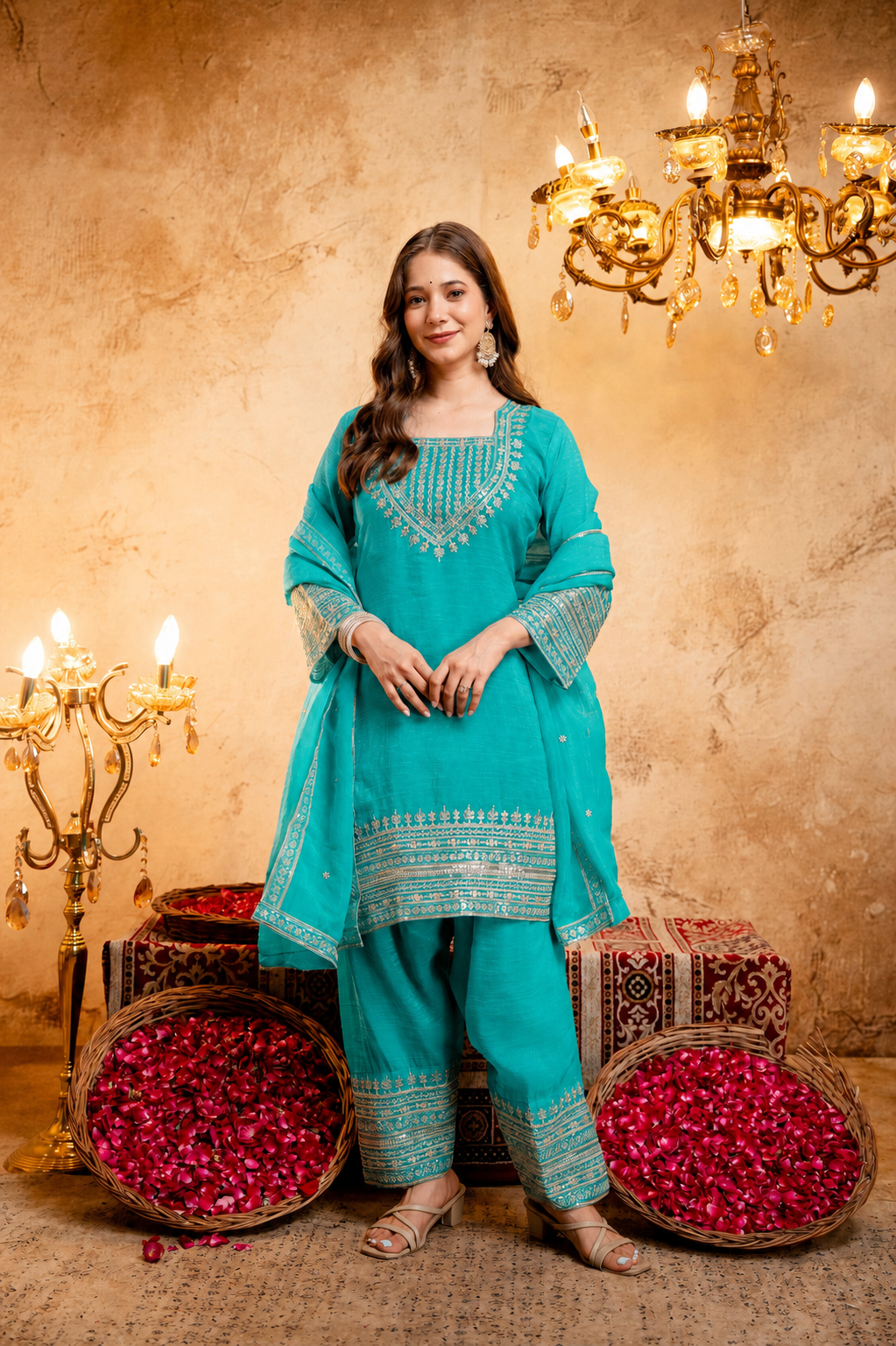 Women’s Embroidered Straight Kurta with Salawar Set | Festive Ethnic Wear with Intricate Embroidery & Embroidery work Bottom