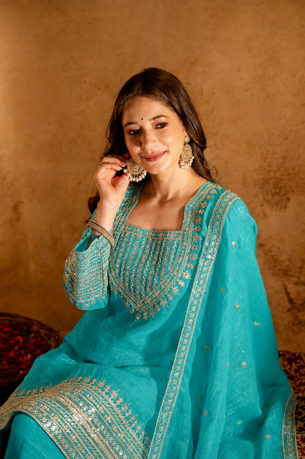 Women’s Embroidered Straight Kurta with Salawar Set | Festive Ethnic Wear with Intricate Embroidery & Embroidery work Bottom