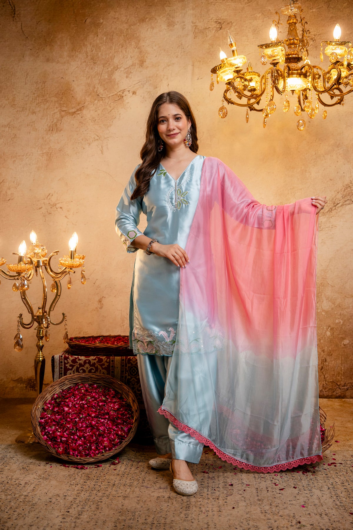 Women's Sky Blue Embroidered Straight Kurti with Punjabi Salwar & Ombre Dupatta | Festive 3-Piece Suit Set