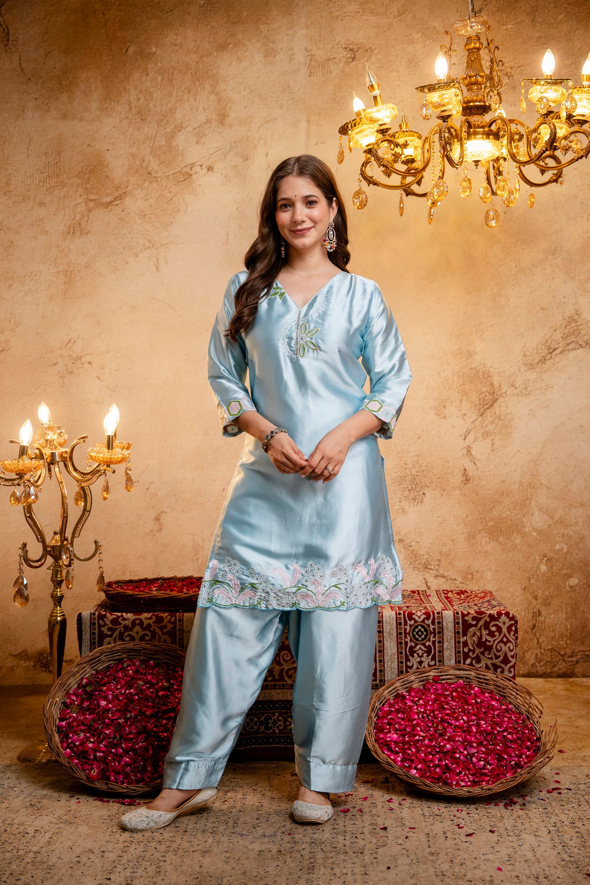 Women's Sky Blue Embroidered Straight Kurti with Punjabi Salwar & Ombre Dupatta | Festive 3-Piece Suit Set