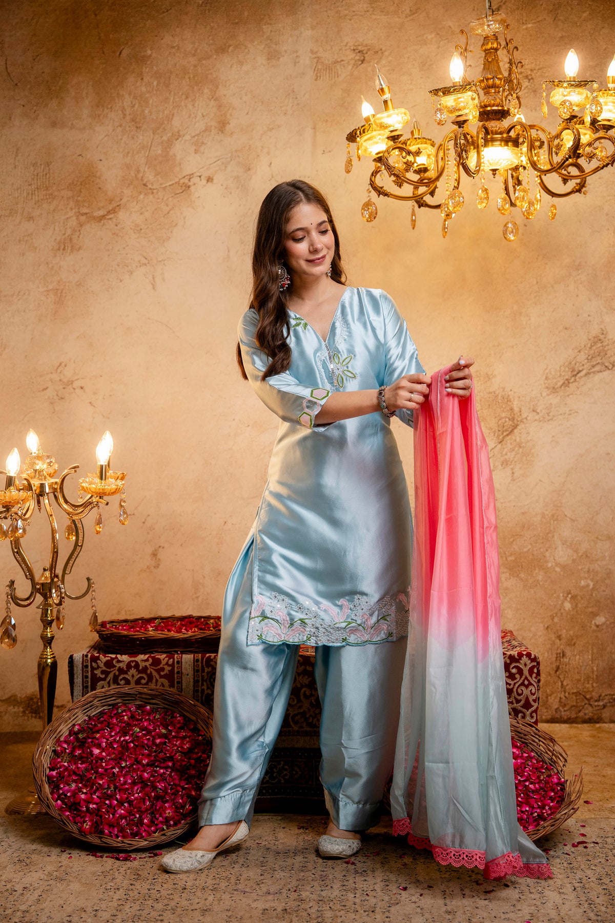 Women's Sky Blue Embroidered Straight Kurti with Punjabi Salwar & Ombre Dupatta | Festive 3-Piece Suit Set