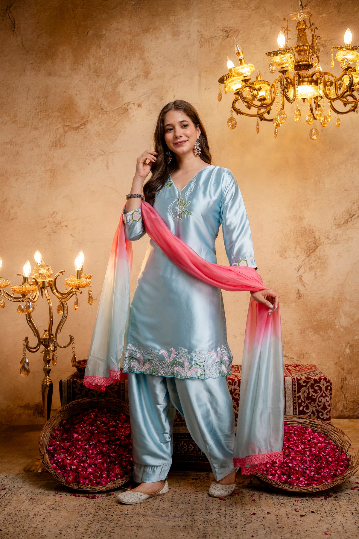 Women's Sky Blue Embroidered Straight Kurti with Punjabi Salwar & Ombre Dupatta | Festive 3-Piece Suit Set