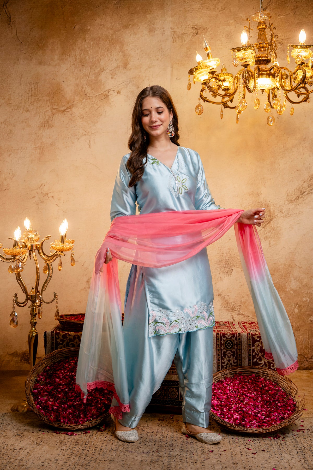 Women's Sky Blue Embroidered Straight Kurti with Punjabi Salwar & Ombre Dupatta | Festive 3-Piece Suit Set