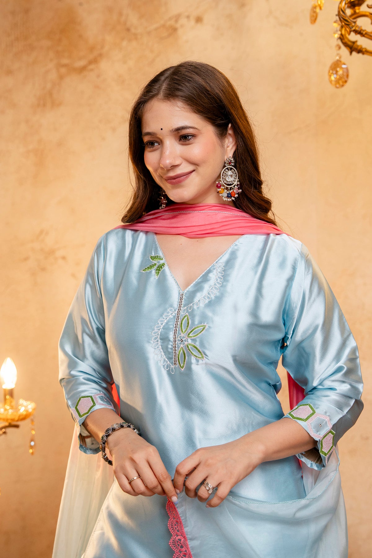 Women's Sky Blue Embroidered Straight Kurti with Punjabi Salwar & Ombre Dupatta | Festive 3-Piece Suit Set