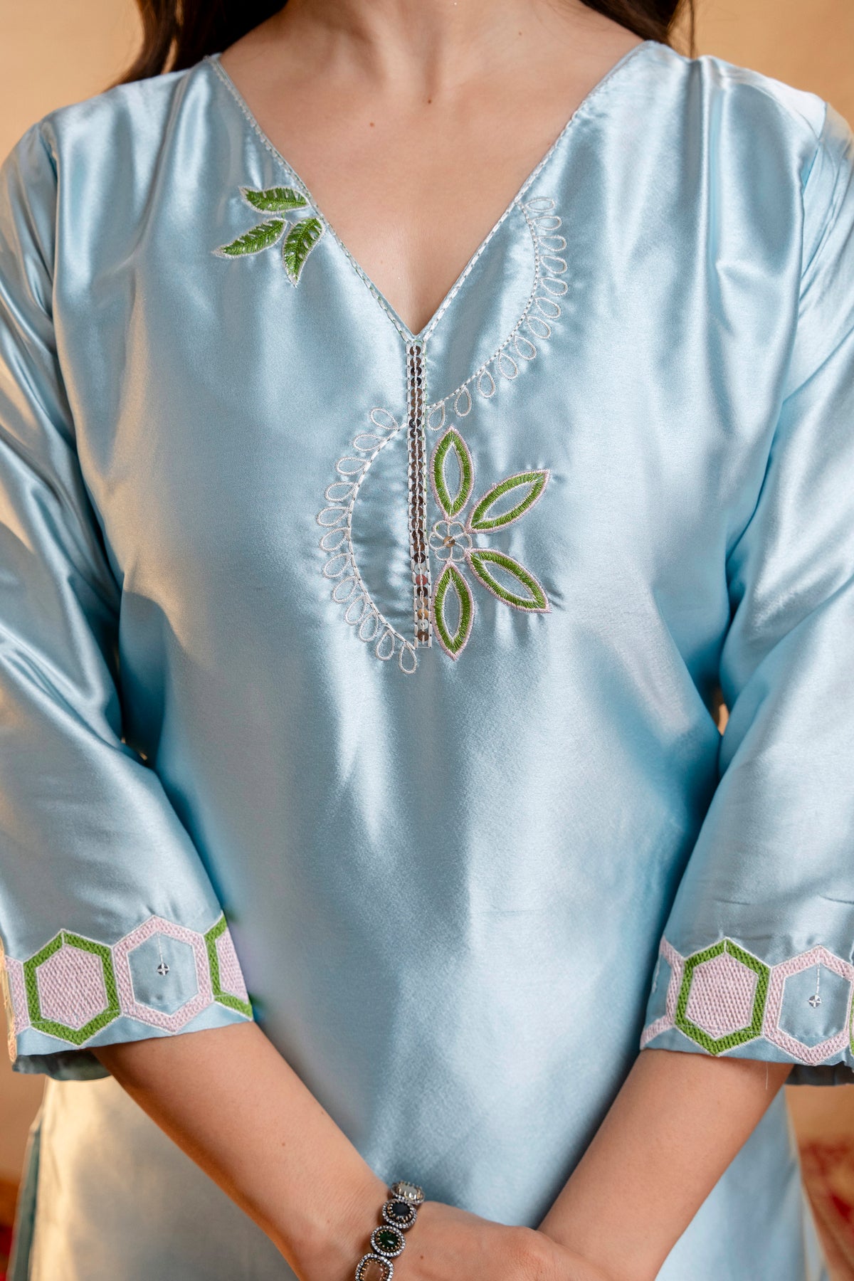 Women's Sky Blue Embroidered Straight Kurti with Punjabi Salwar & Ombre Dupatta | Festive 3-Piece Suit Set