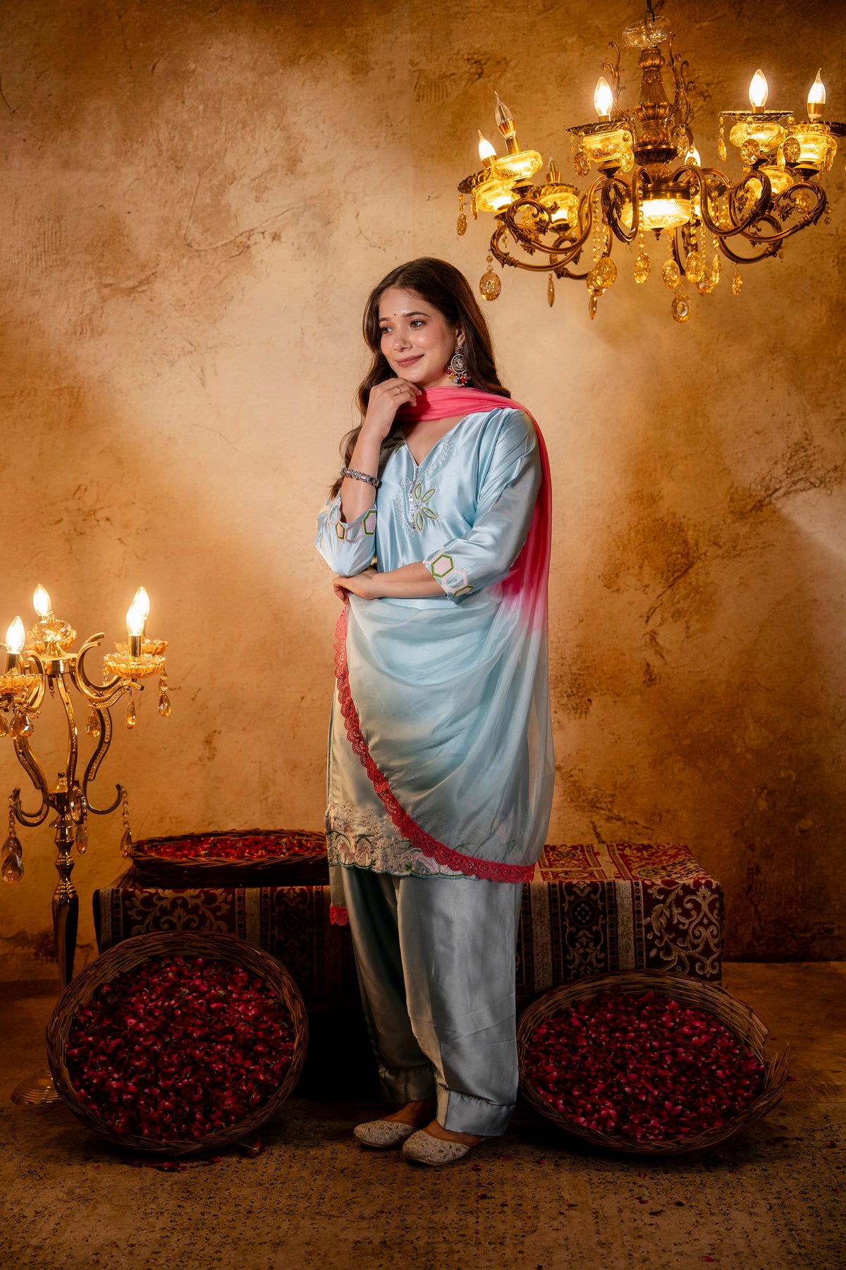 Women's Sky Blue Embroidered Straight Kurti with Punjabi Salwar & Ombre Dupatta | Festive 3-Piece Suit Set