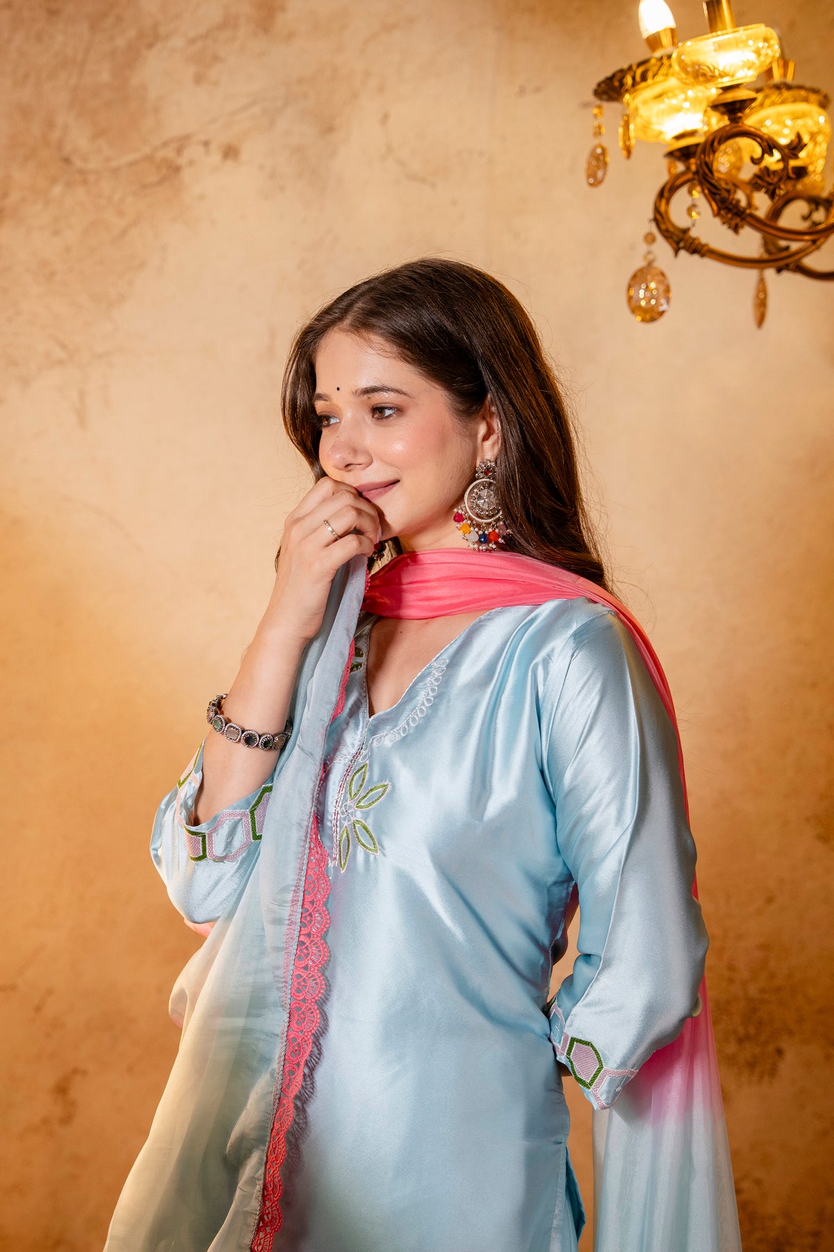 Women's Sky Blue Embroidered Straight Kurti with Punjabi Salwar & Ombre Dupatta | Festive 3-Piece Suit Set