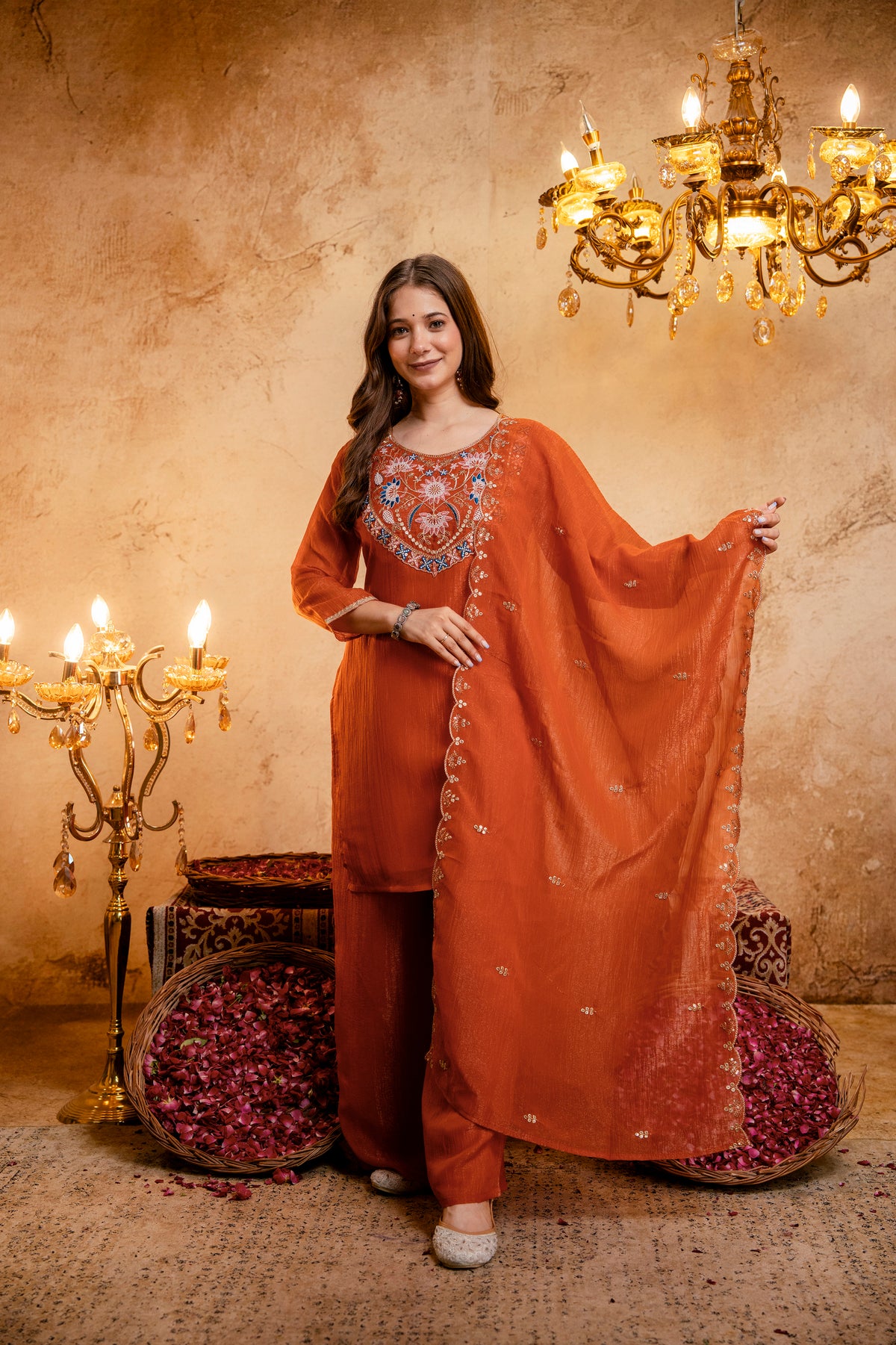 Women’s Embroidered Straight Kurta with Wide-Leg Palazzo Set | Festive Ethnic Wear with Intricate Embroidery & Flared Bottom