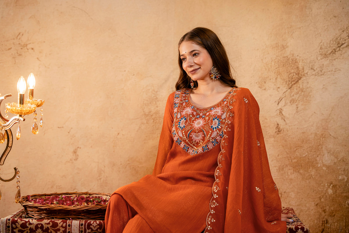 Women’s Embroidered Straight Kurta with Wide-Leg Palazzo Set | Festive Ethnic Wear with Intricate Embroidery & Flared Bottom