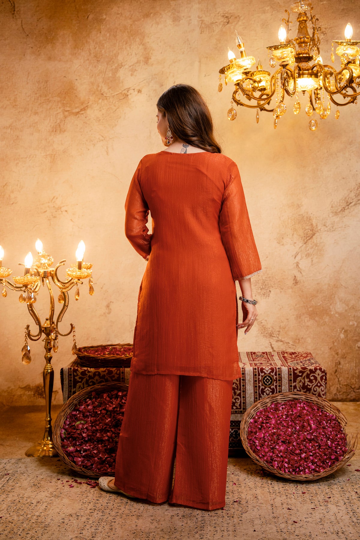 Women’s Embroidered Straight Kurta with Wide-Leg Palazzo Set | Festive Ethnic Wear with Intricate Embroidery & Flared Bottom