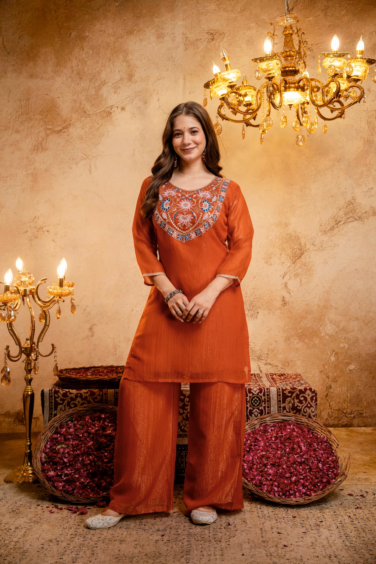 Women’s Embroidered Straight Kurta with Wide-Leg Palazzo Set | Festive Ethnic Wear with Intricate Embroidery & Flared Bottom