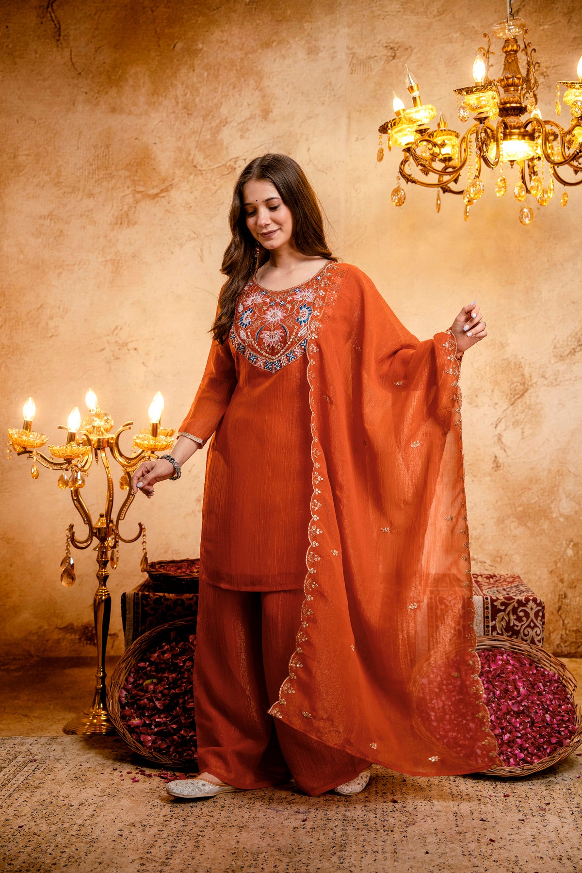 Women’s Embroidered Straight Kurta with Wide-Leg Palazzo Set | Festive Ethnic Wear with Intricate Embroidery & Flared Bottom