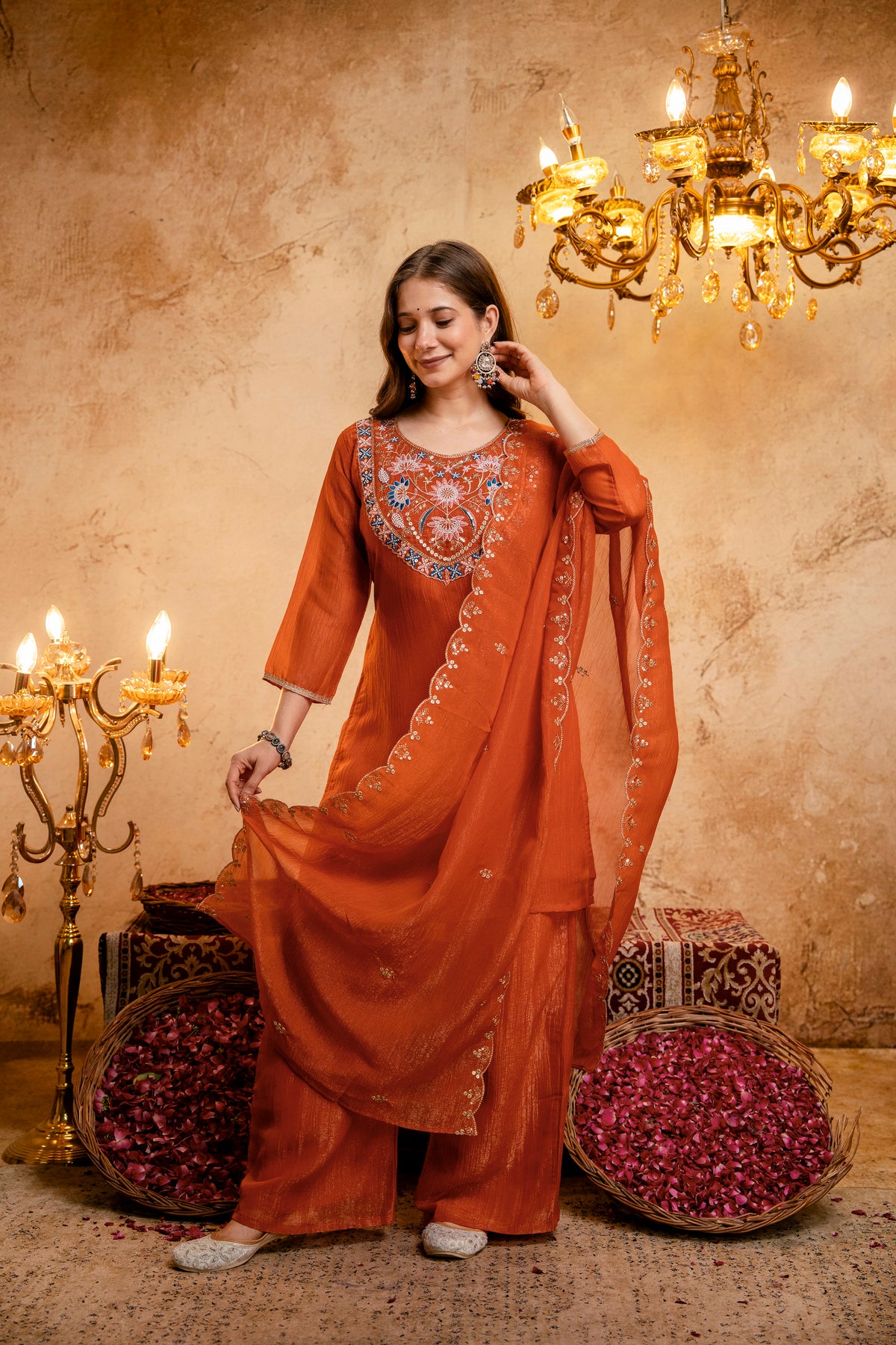 Women’s Embroidered Straight Kurta with Wide-Leg Palazzo Set | Festive Ethnic Wear with Intricate Embroidery & Flared Bottom