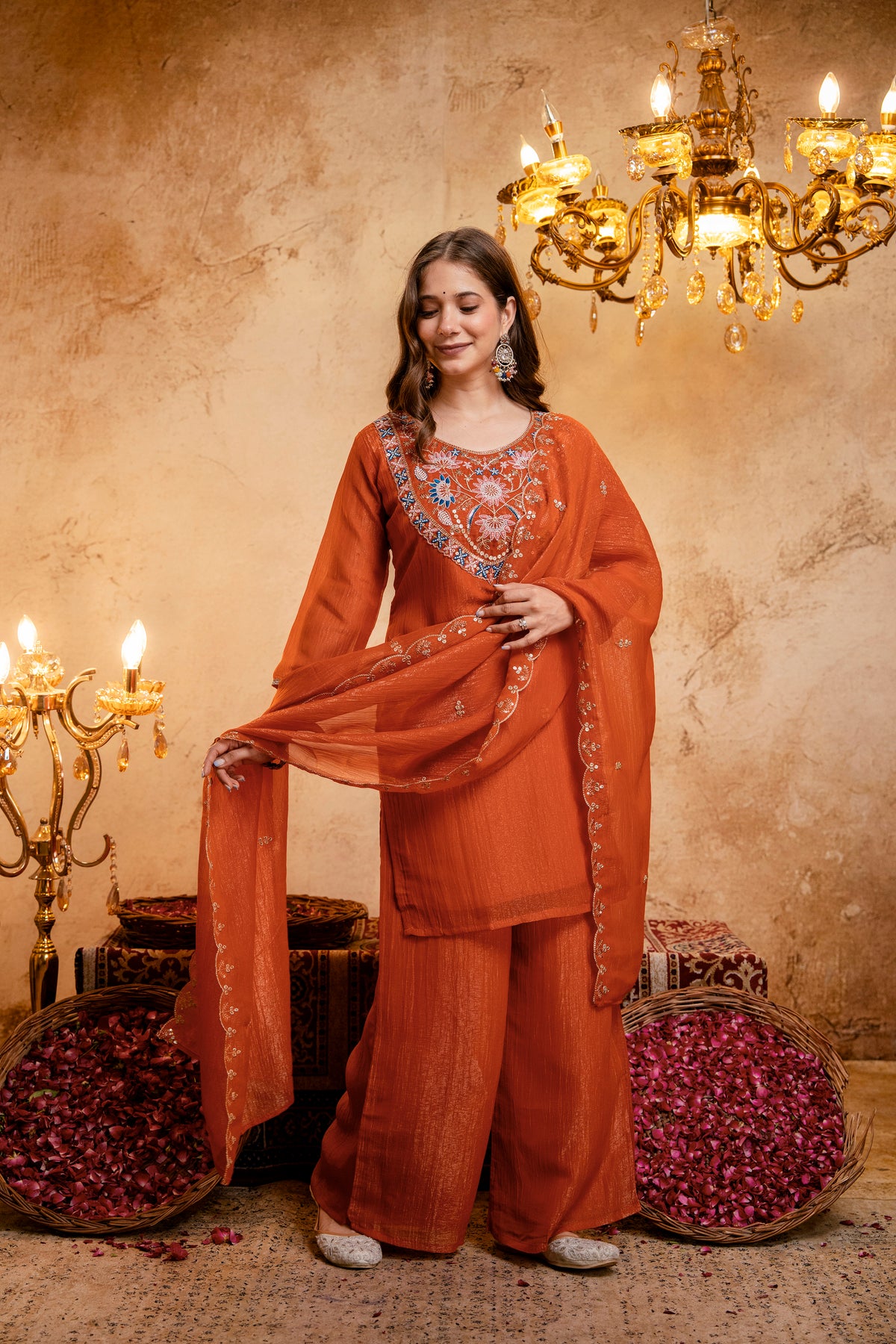 Women’s Embroidered Straight Kurta with Wide-Leg Palazzo Set | Festive Ethnic Wear with Intricate Embroidery & Flared Bottom