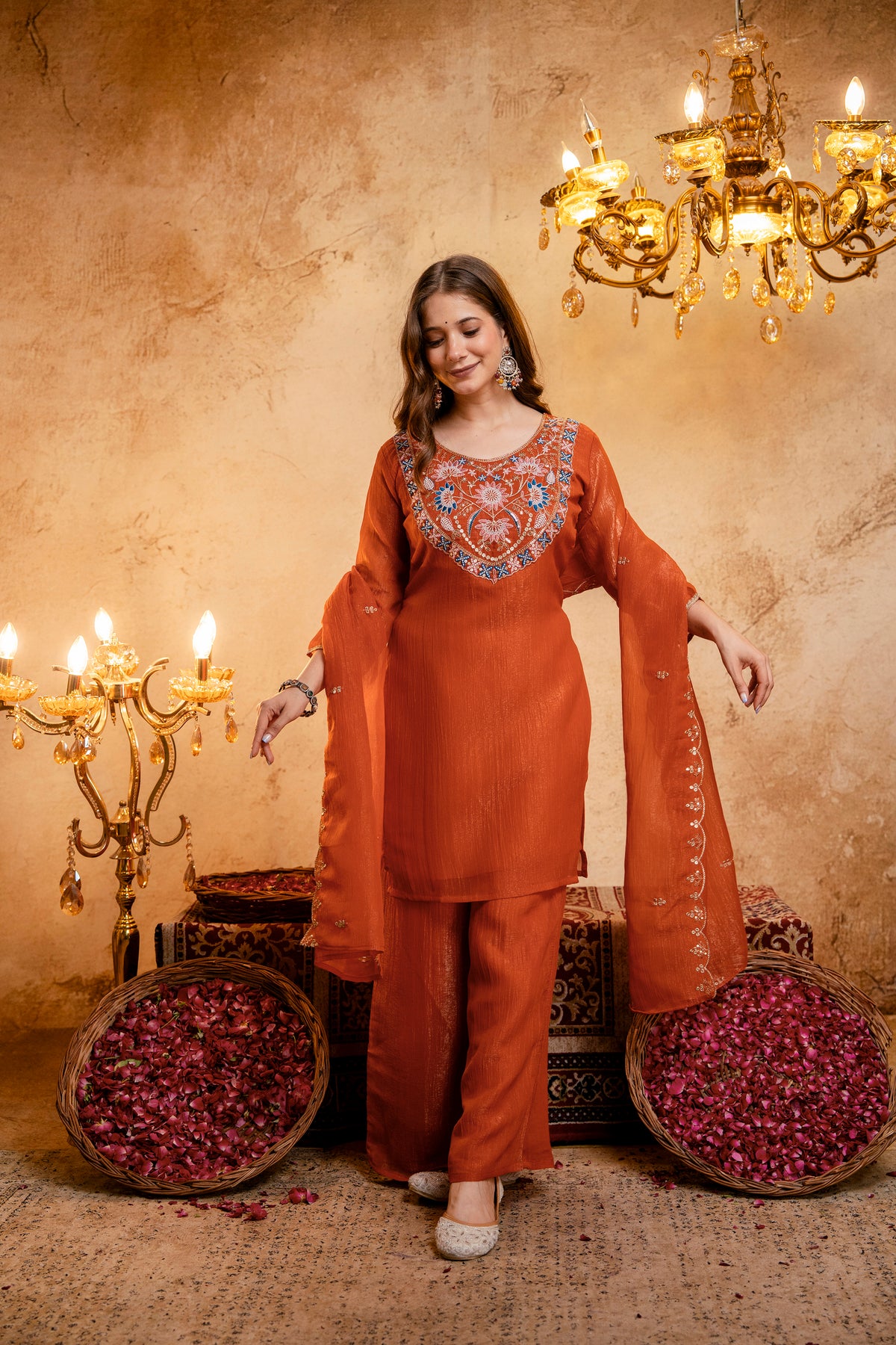 Women’s Embroidered Straight Kurta with Wide-Leg Palazzo Set | Festive Ethnic Wear with Intricate Embroidery & Flared Bottom