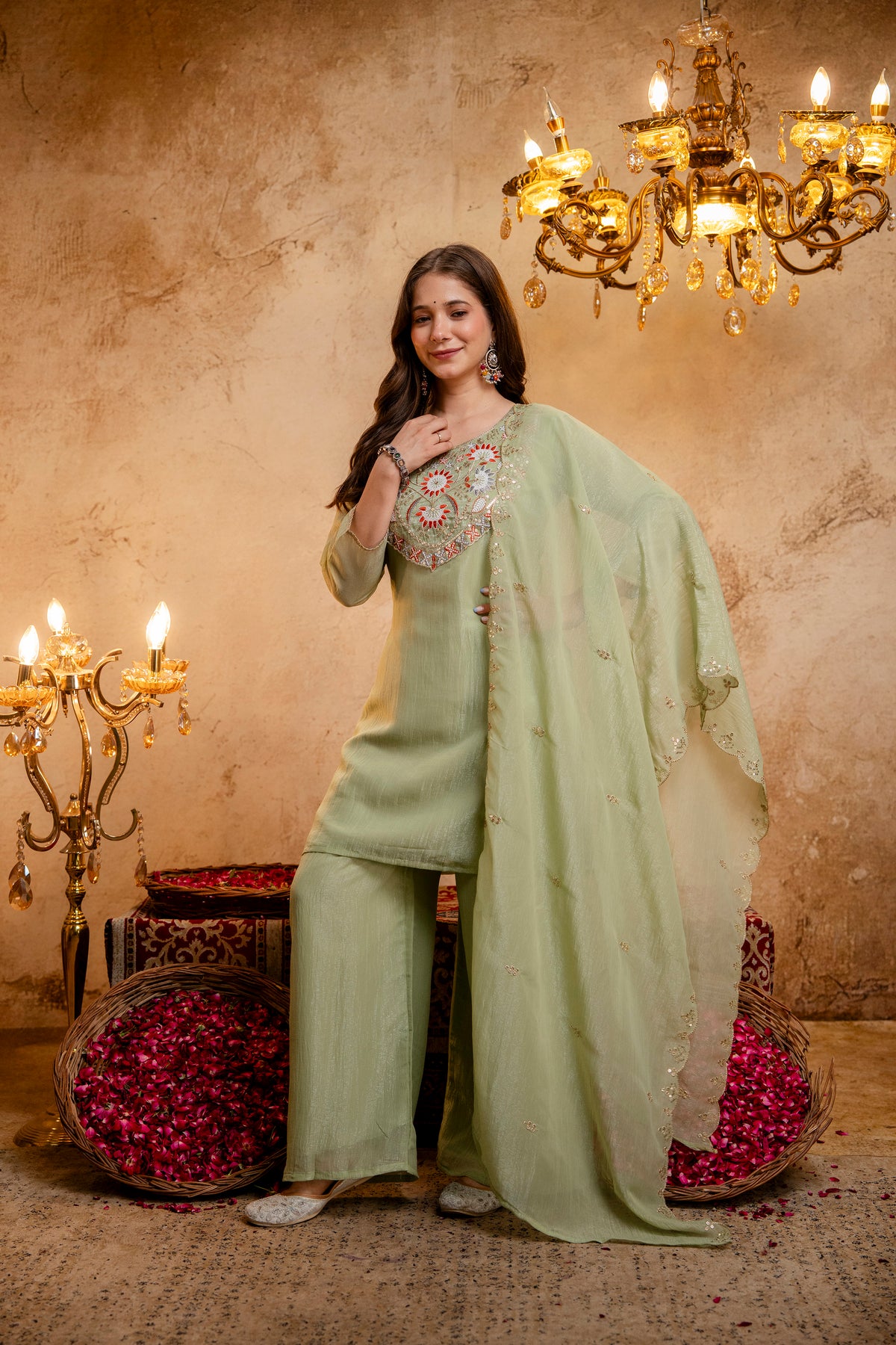 Women’s Embroidered Straight Kurta with Wide-Leg Palazzo Set | Festive Ethnic Wear with Intricate Embroidery & Flared Bottom